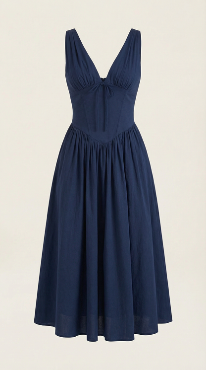 Vestido Midi Mujer Escote en V Cintura Alta Espalda Descubierta