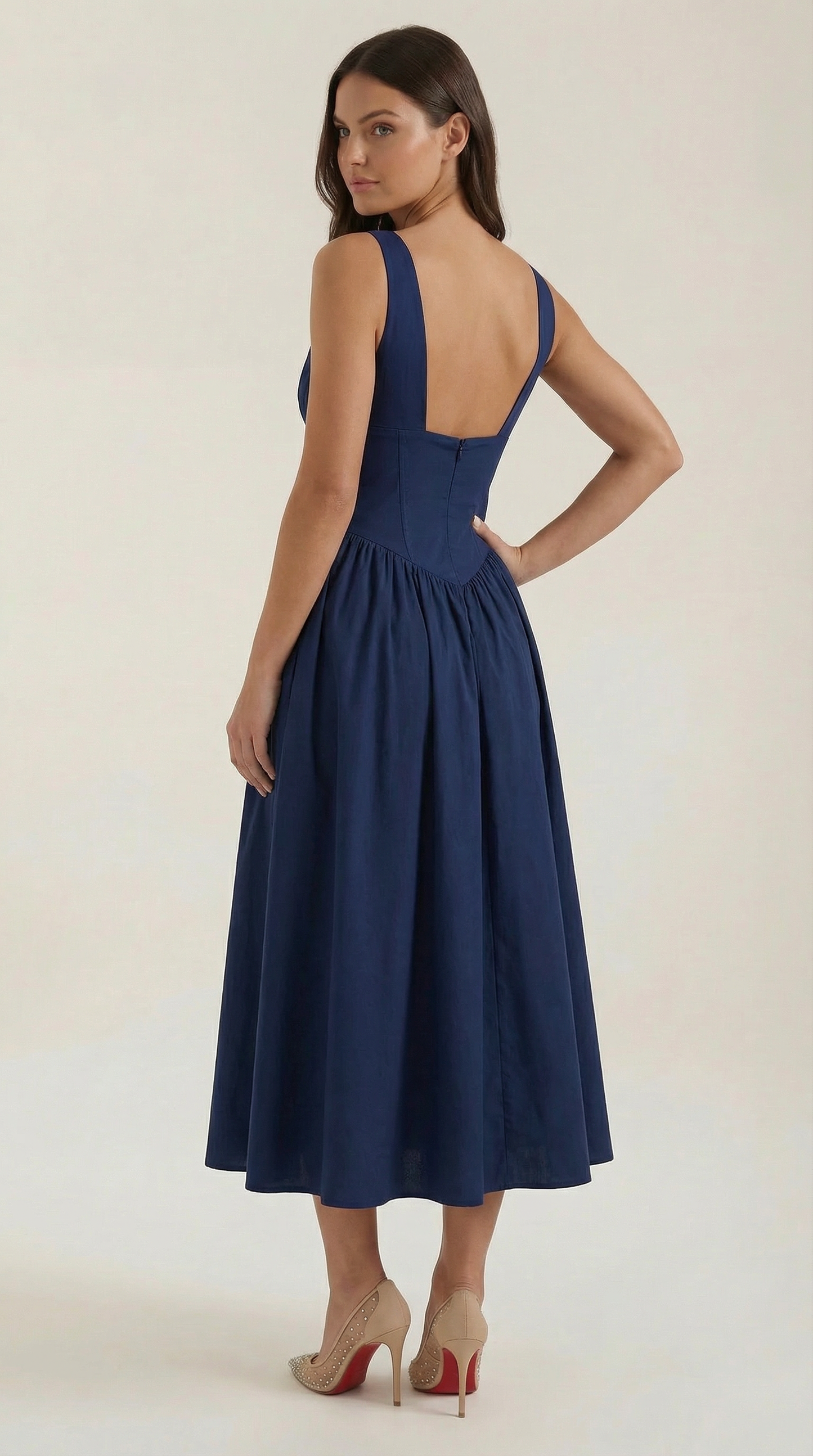 Vestido Midi Mujer Escote en V Cintura Alta Espalda Descubierta