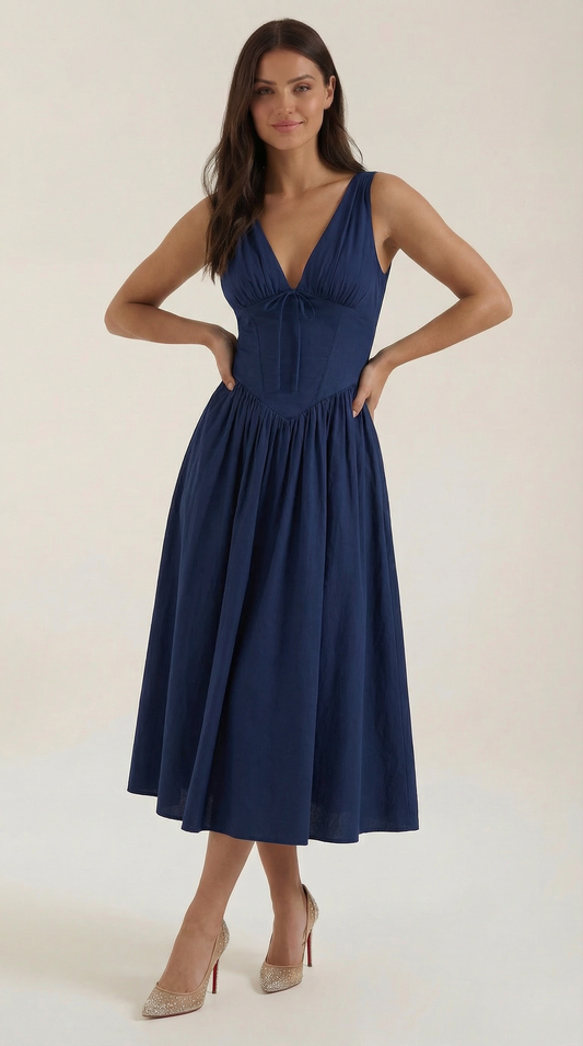Vestido Midi Mujer Escote en V Cintura Alta Espalda Descubierta - Mavetta