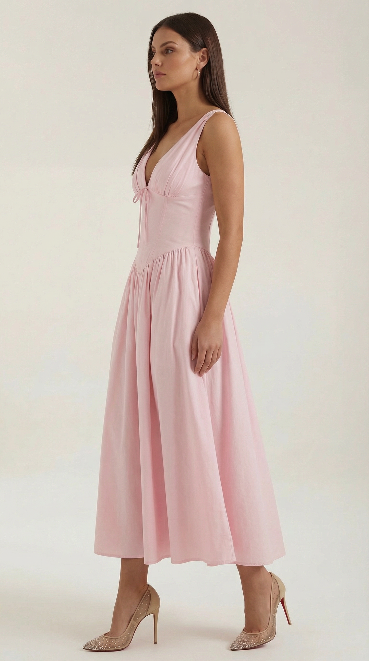 Vestido Midi Mujer Escote en V Cintura Alta Espalda Descubierta