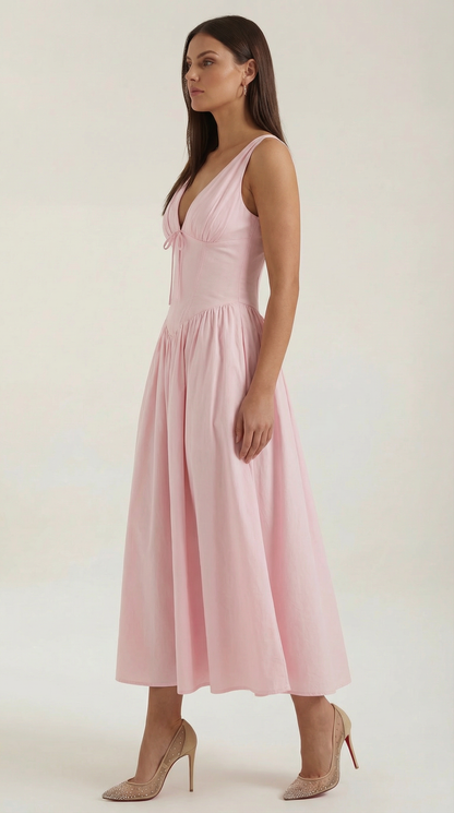 Vestido Midi Mujer Escote en V Cintura Alta Espalda Descubierta