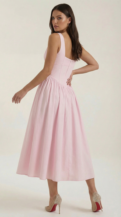 Vestido Midi Mujer Escote en V Cintura Alta Espalda Descubierta