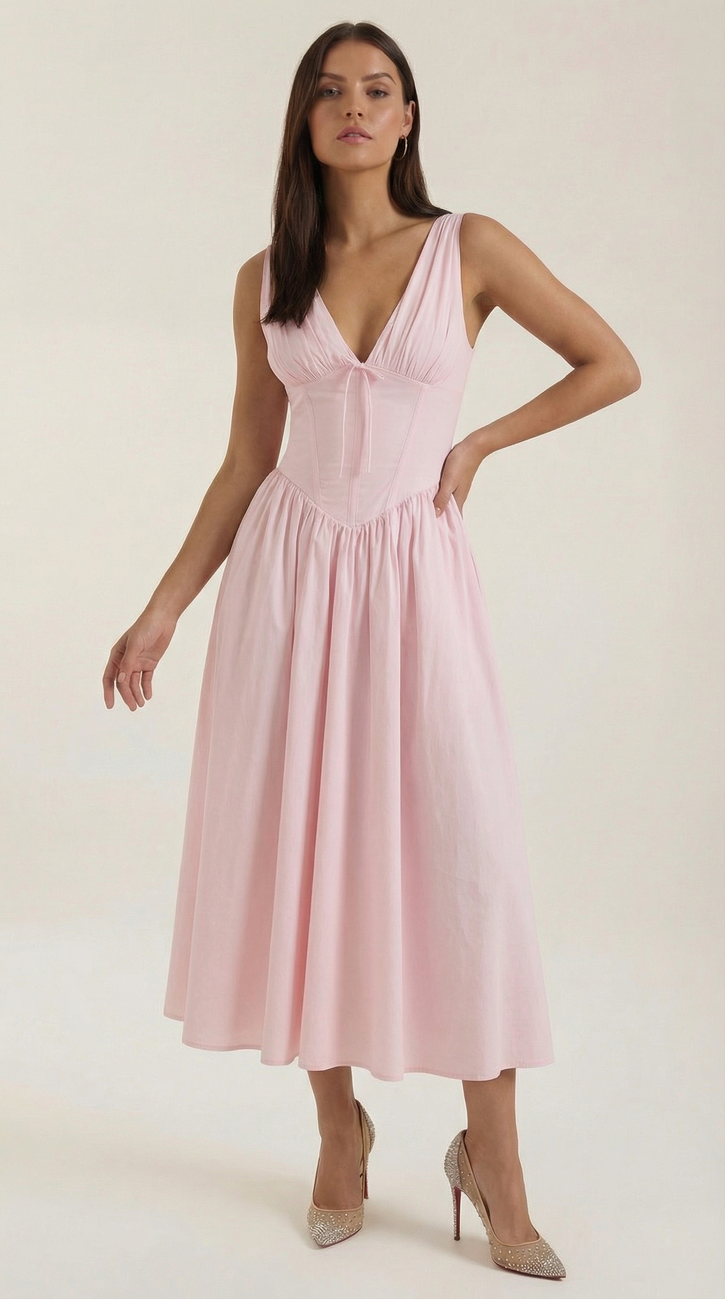 Vestido Midi Mujer Escote en V Cintura Alta Espalda Descubierta
