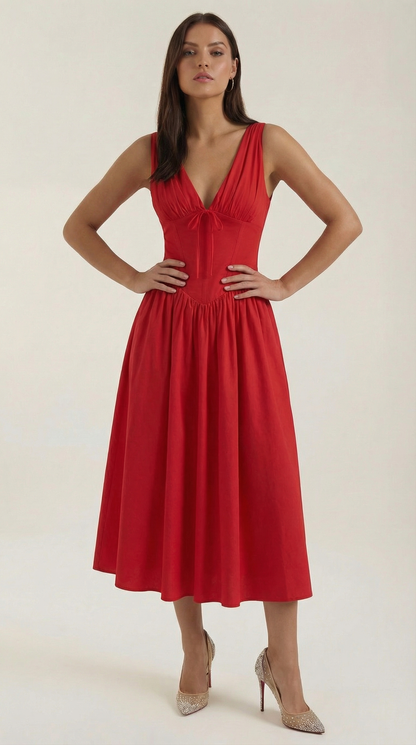 Vestido Midi Mujer Escote en V Cintura Alta Espalda Descubierta