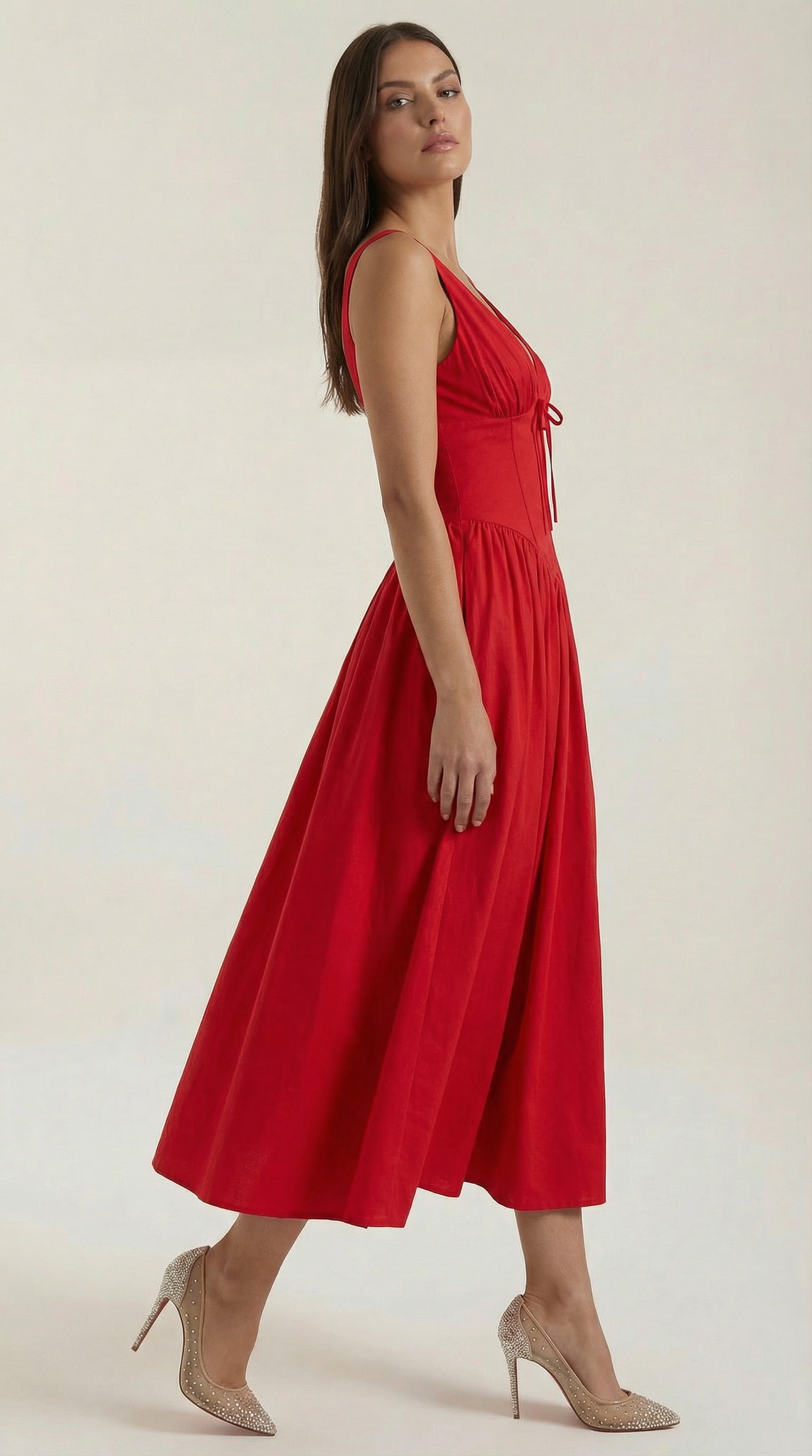 Vestido Midi Mujer Escote en V Cintura Alta Espalda Descubierta