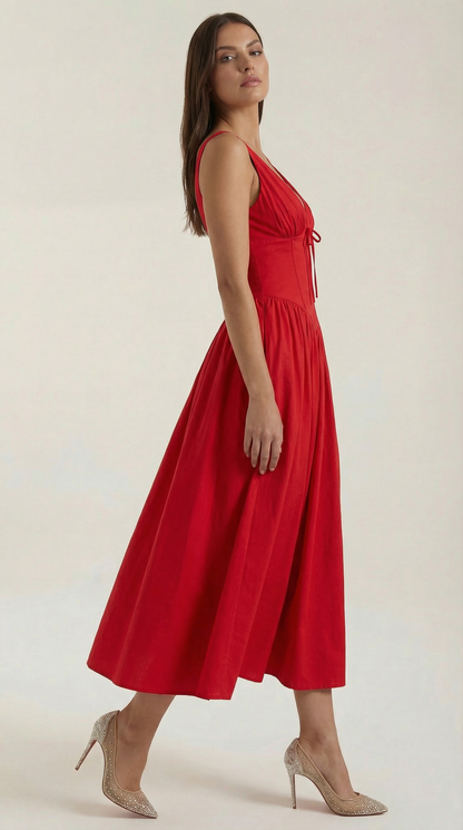 Vestido Midi Mujer Escote en V Cintura Alta Espalda Descubierta