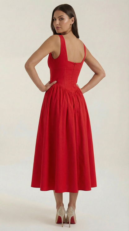 Vestido Midi Mujer Escote en V Cintura Alta Espalda Descubierta