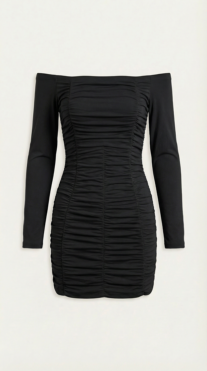 Vestido Mujer Ajustado Hombros Descubiertos Manga Larga Plisado