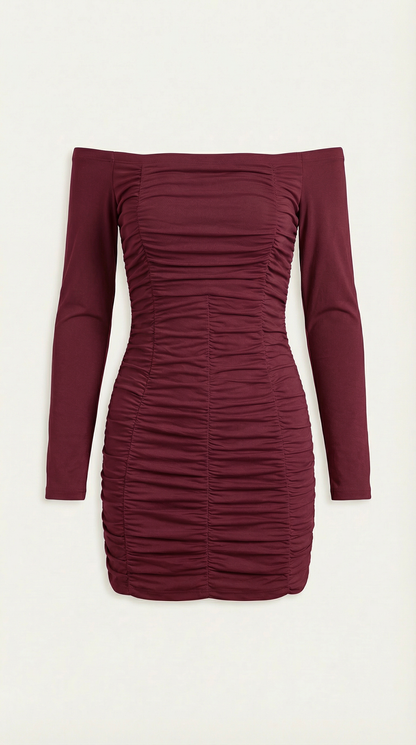 Vestido Mujer Ajustado Hombros Descubiertos Manga Larga Plisado