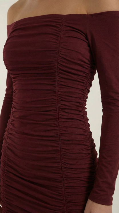Vestido Mujer Ajustado Hombros Descubiertos Manga Larga Plisado