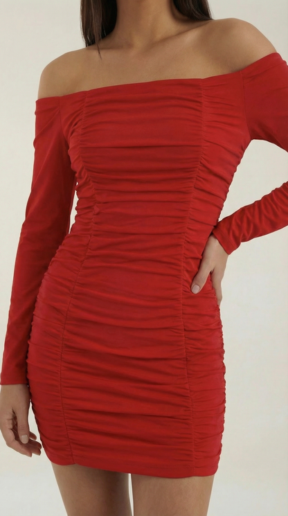 Vestido Mujer Ajustado Hombros Descubiertos Manga Larga Plisado
