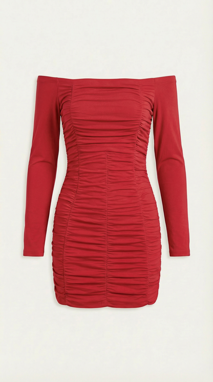 Vestido Mujer Ajustado Hombros Descubiertos Manga Larga Plisado