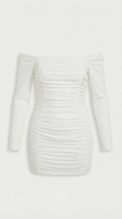 Vestido Mujer Ajustado Hombros Descubiertos Manga Larga Plisado