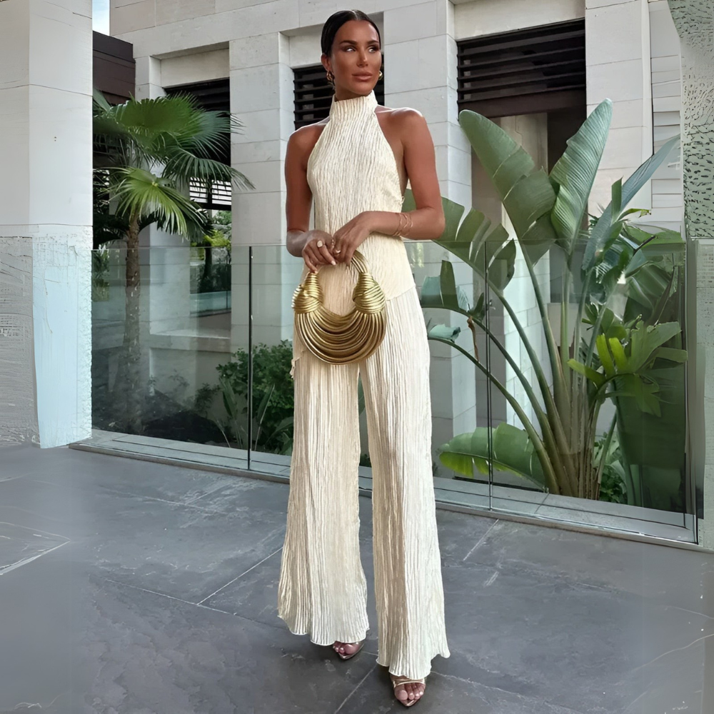 Mono Mujer Pierna Ancha Cuello Halter Plisado Elegante - Mavetta