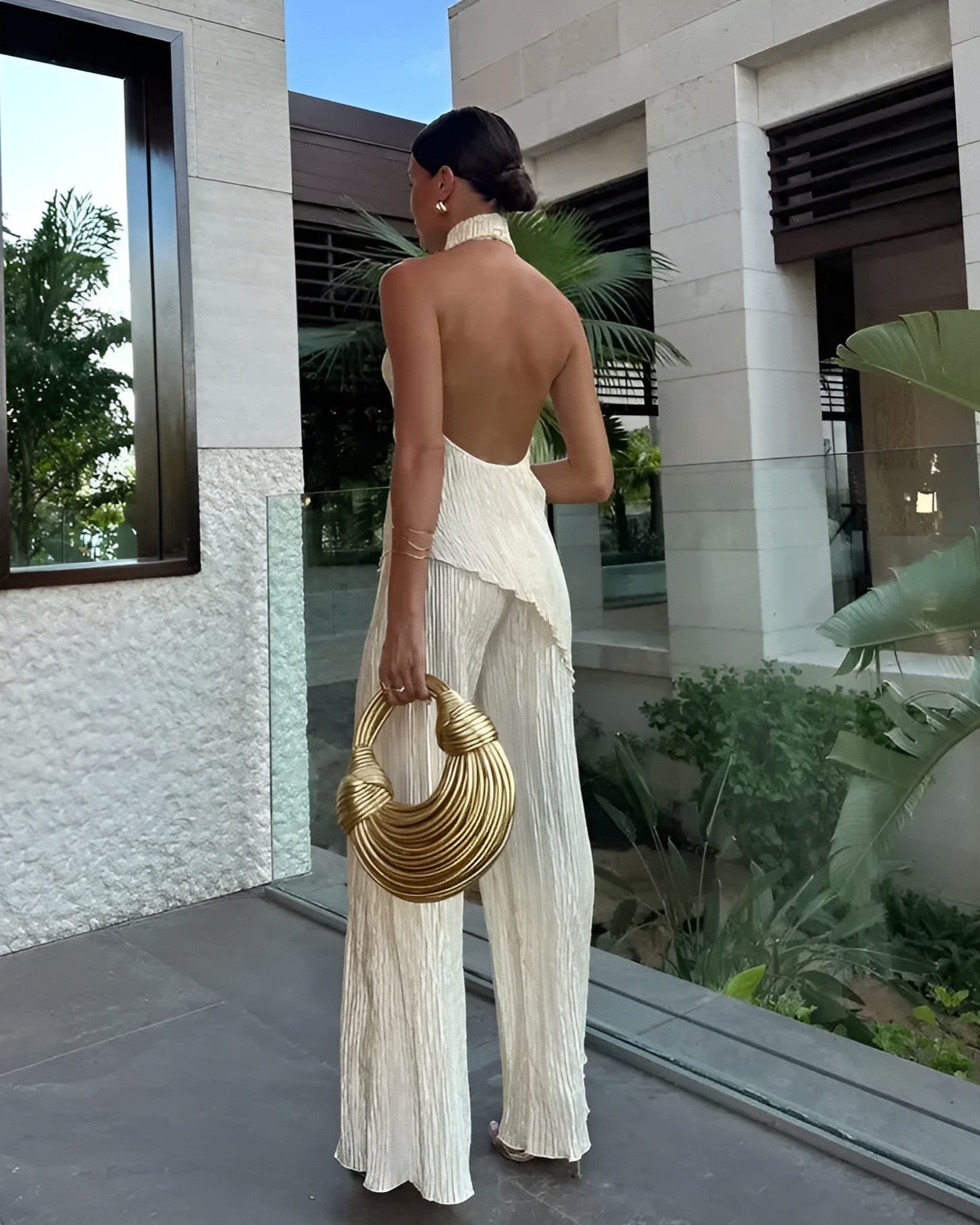 Mono Mujer Pierna Ancha Cuello Halter Plisado Elegante