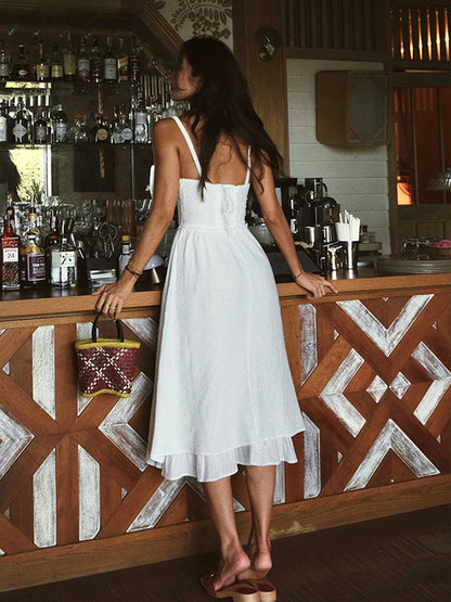 Vestido midi mujer con tirantes finos y volantes