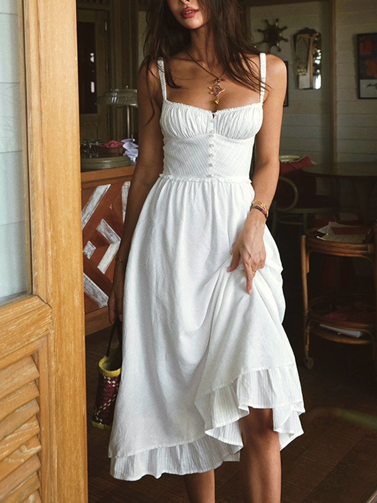 Vestido midi mujer con tirantes finos y volantes