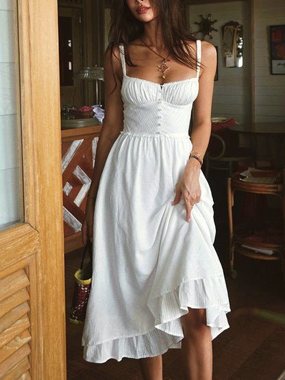Vestido midi mujer con tirantes finos y volantes