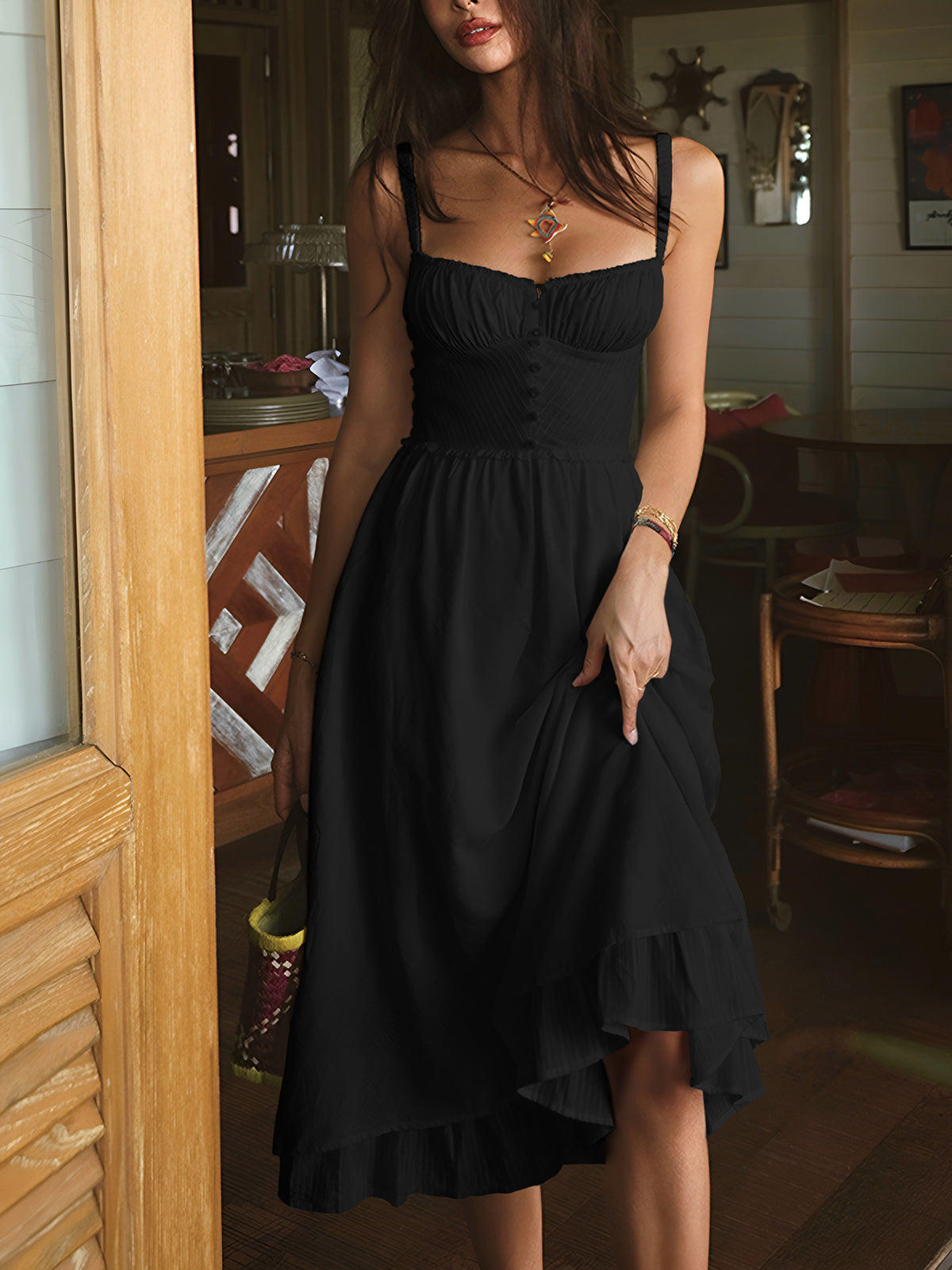 Vestido midi mujer con tirantes finos y volantes