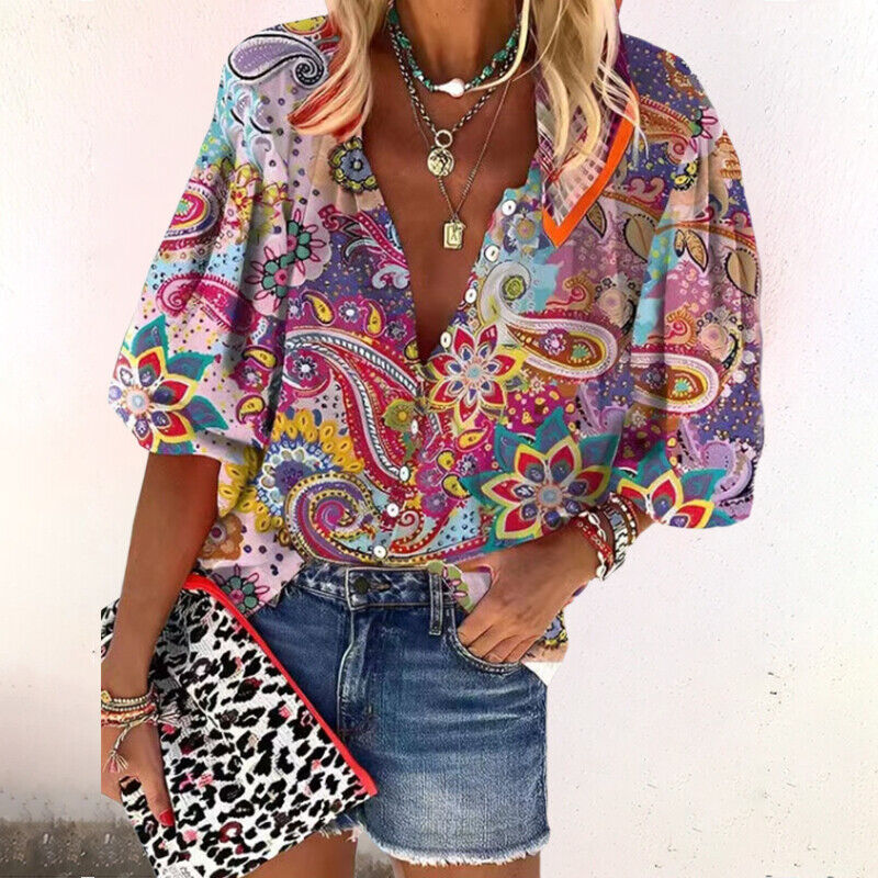 Blusa Mujer Bohemia Estampado Floral Manga Corta Suelta
