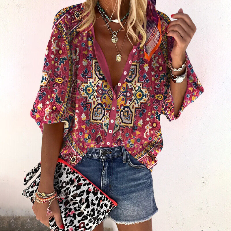 Blusa Mujer Bohemia Estampado Floral Manga Corta Suelta