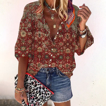 Blusa Mujer Bohemia Estampado Floral Manga Corta Suelta
