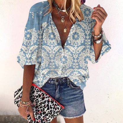 Blusa Mujer Bohemia Estampado Floral Manga Corta Suelta