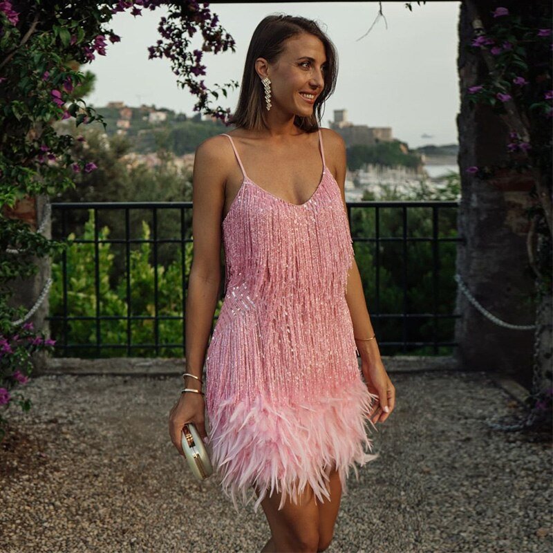 Vestido Mini Mujer de Lentejuelas Flecos y Plumas Corte Ajustado