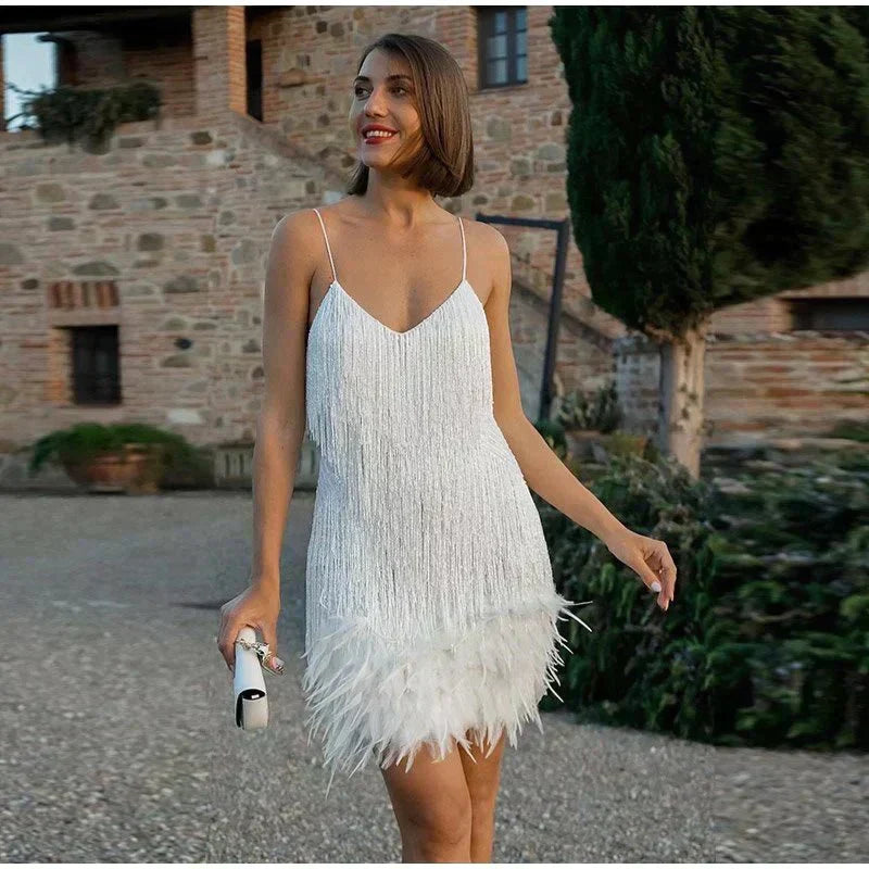 Vestido Mini Mujer de Lentejuelas Flecos y Plumas Corte Ajustado
