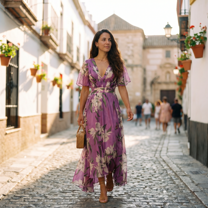 Vestido maxi mujer de tela ligera escote en V cómodo - Mavetta