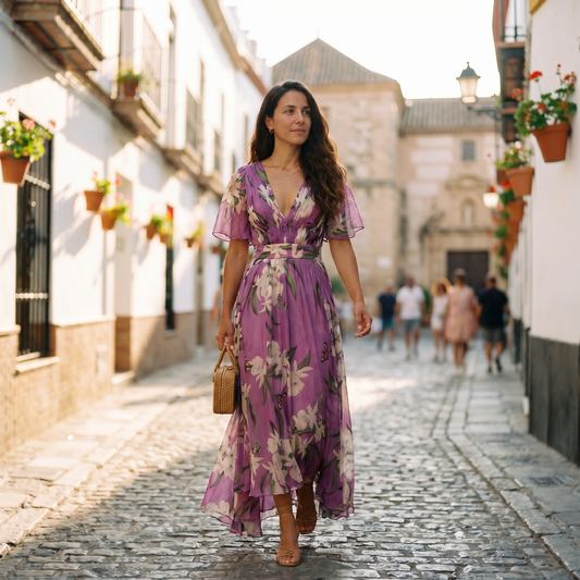 Vestido maxi mujer de tela ligera escote en V cómodo - Mavetta