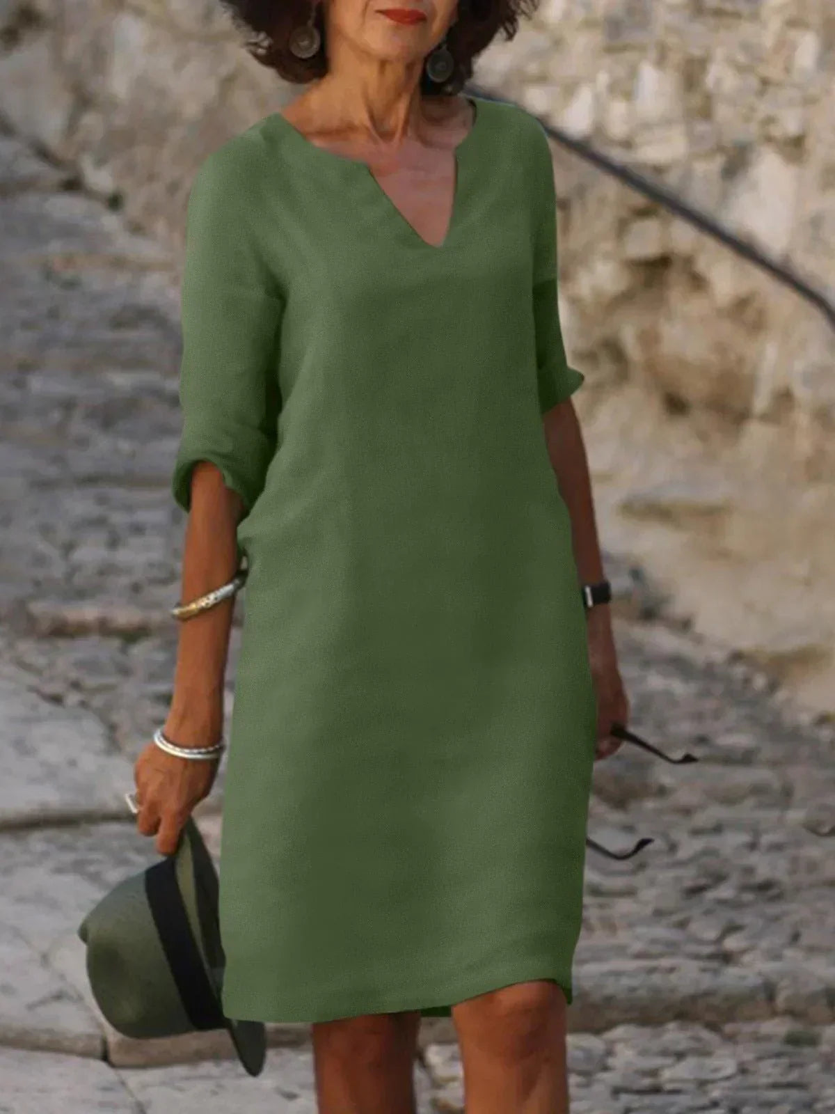 Vestido largo Mujer con escote en V y detalle de cintura