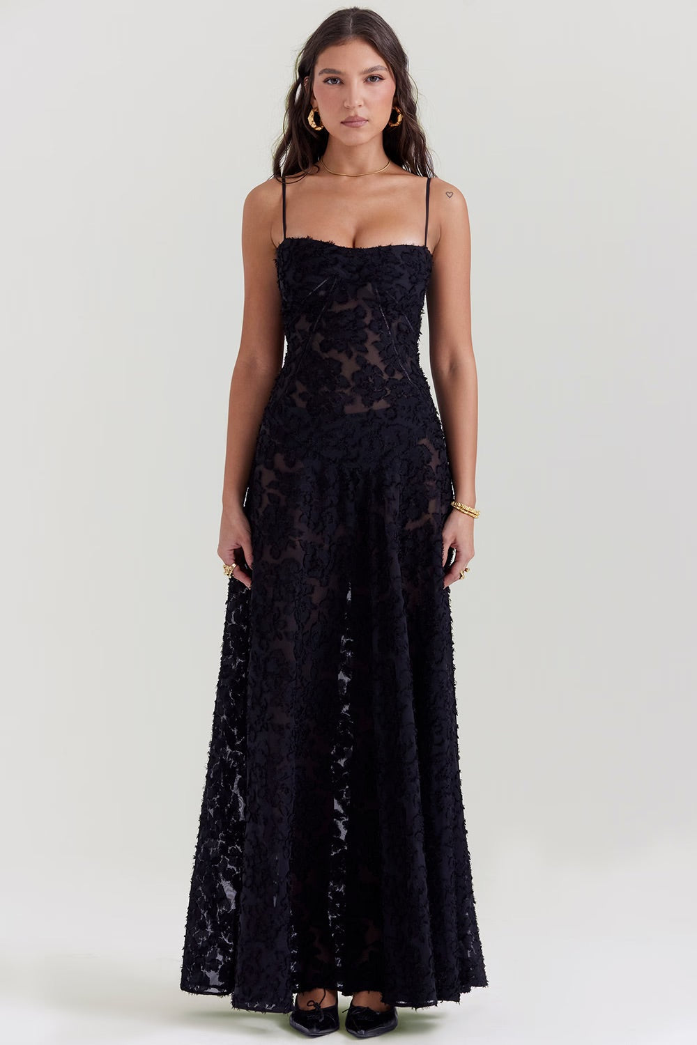 Vestido largo mujer de gala bordado floral línea A