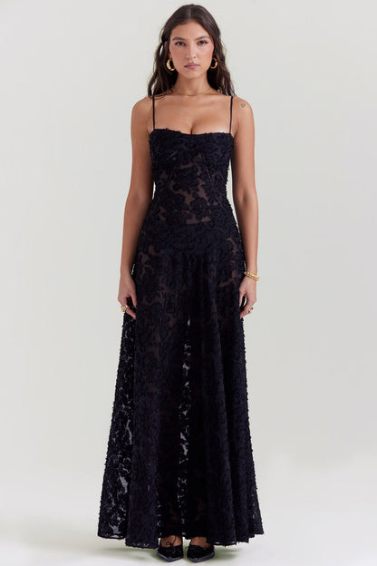 Vestido largo mujer de gala bordado floral línea A