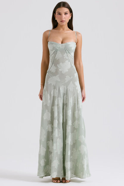 Vestido largo mujer de gala bordado floral línea A