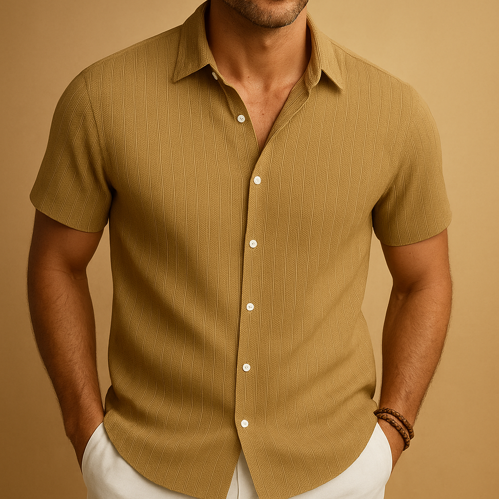 Camisa Hombre Algodón y Lino Manga Corta Cuello Vuelto
