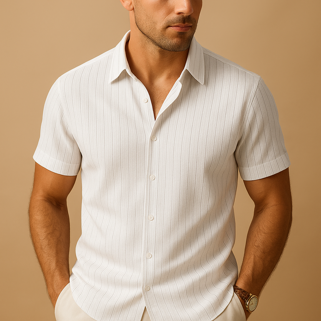Camisa Hombre Algodón y Lino Manga Corta Cuello Vuelto