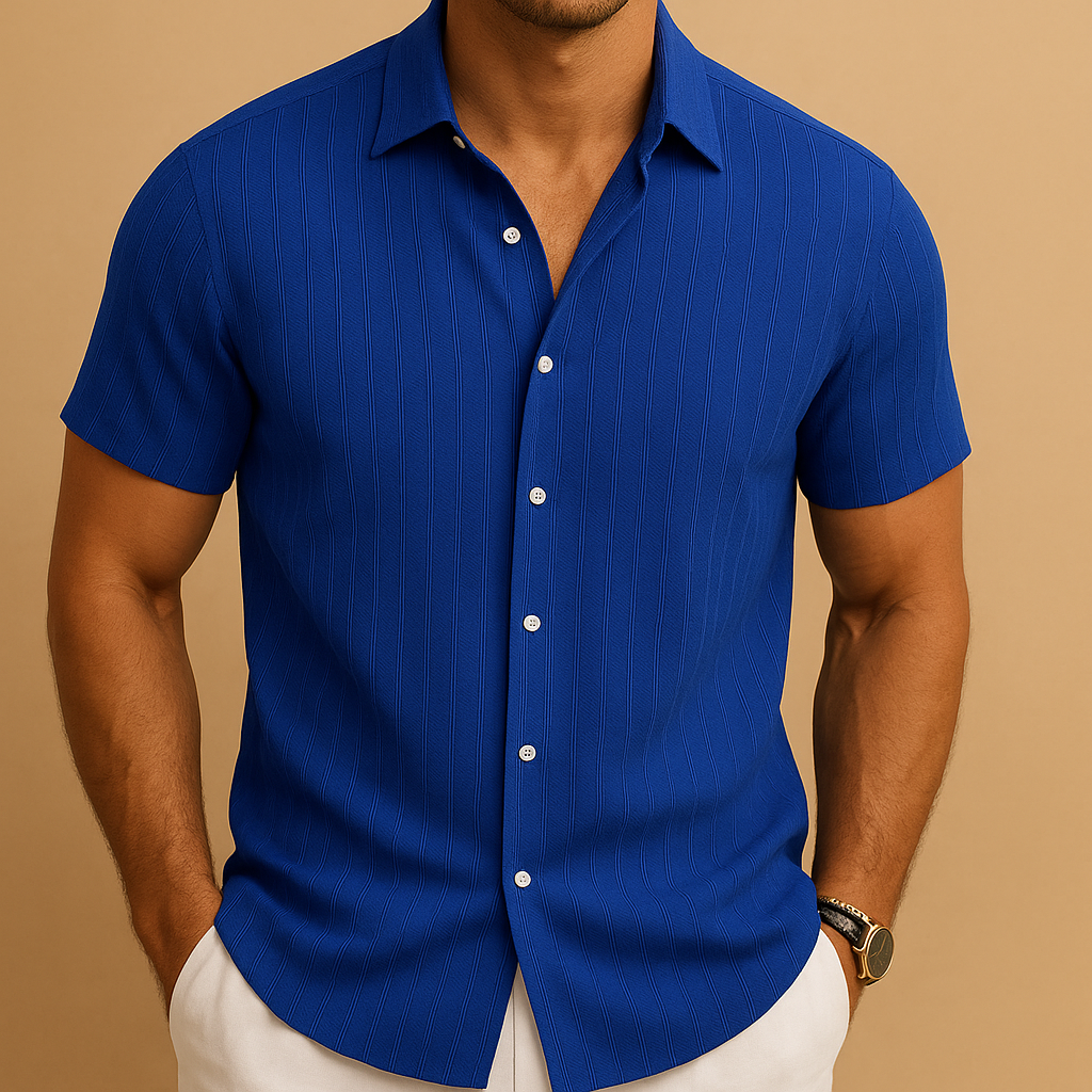Camisa Hombre Algodón y Lino Manga Corta Cuello Vuelto