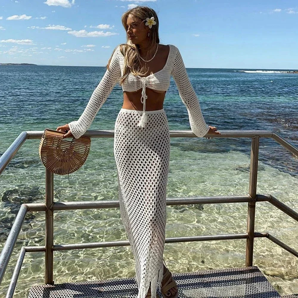 Conjunto Mujer Falda y Crochet Manga Larga Playa