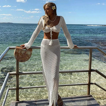 Conjunto Mujer Falda y Crochet Manga Larga Playa