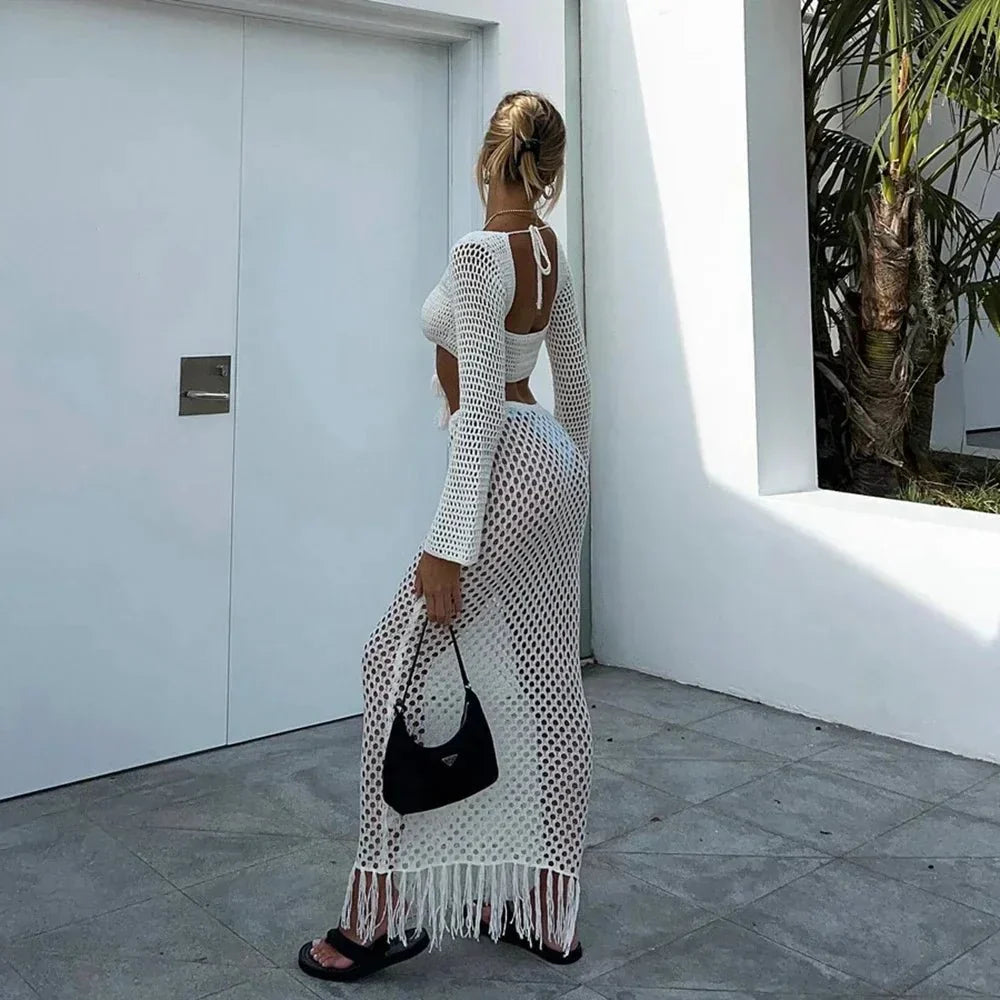 Conjunto Mujer Falda y Crochet Manga Larga Playa