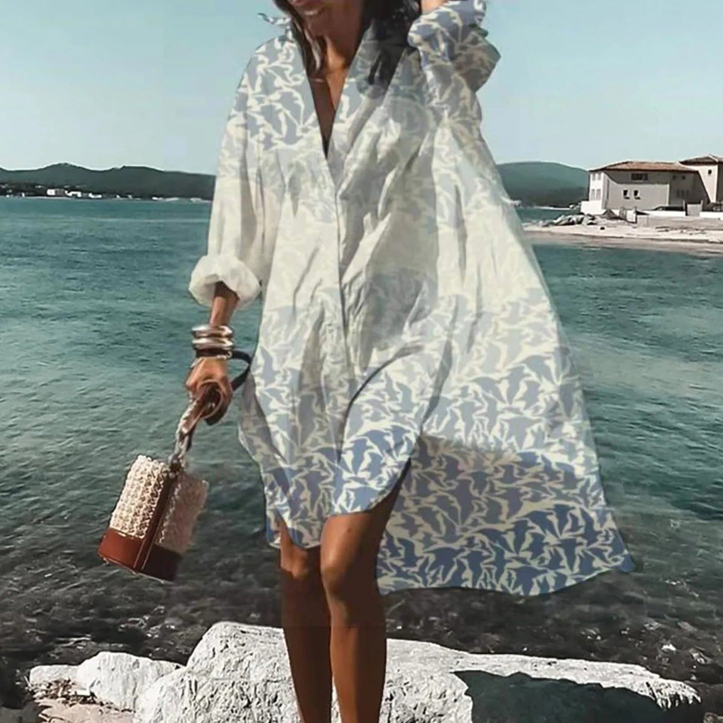 Vestido Camisero Mujer de Tela Ligera Manga Larga Ajustado - Mavetta
