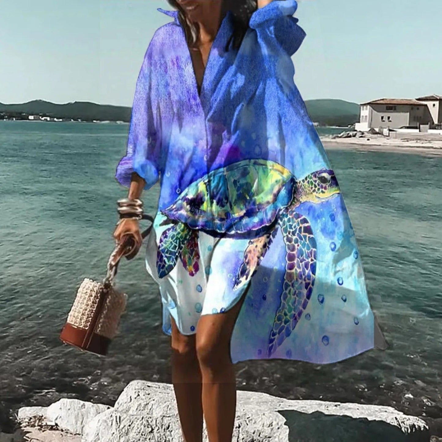 Vestido Camisero Mujer de Tela Ligera Manga Larga Ajustado