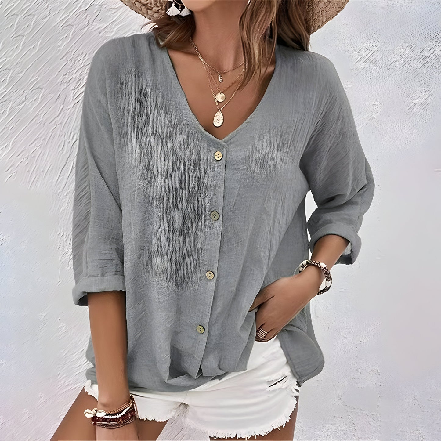 Blusa Mujer de Botones Tela Suelta Estilo Casual