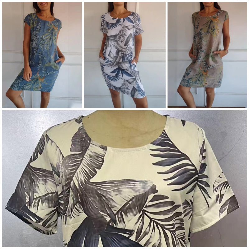Vestido corto mujer fluido estampado hojas