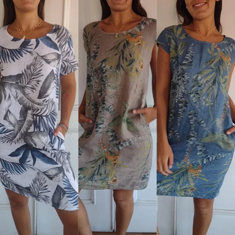 Vestido corto mujer fluido estampado hojas