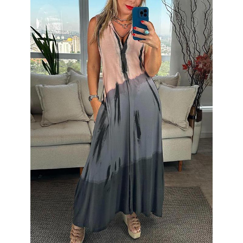 Vestido Mujer Sin Mangas Cuello en V Estampado Tie Dye