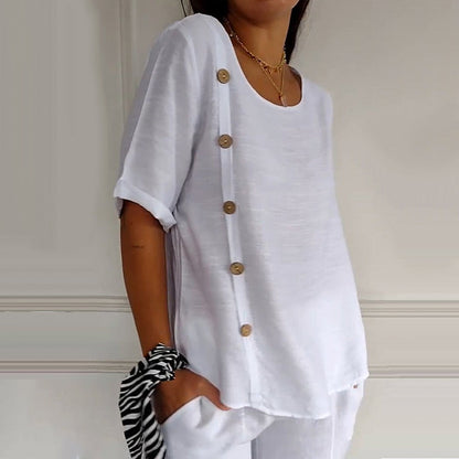 Blusa mujer de lino cuello redondo oversize botones laterales - Mavetta