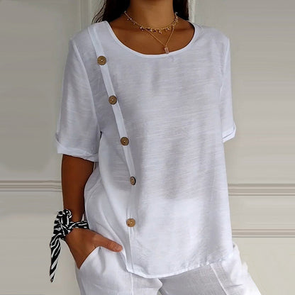 Blusa mujer de lino cuello redondo oversize botones laterales