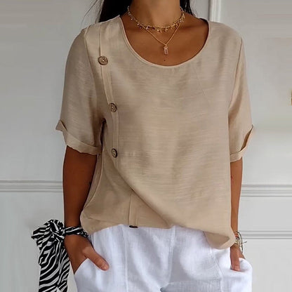 Blusa mujer de lino cuello redondo oversize botones laterales